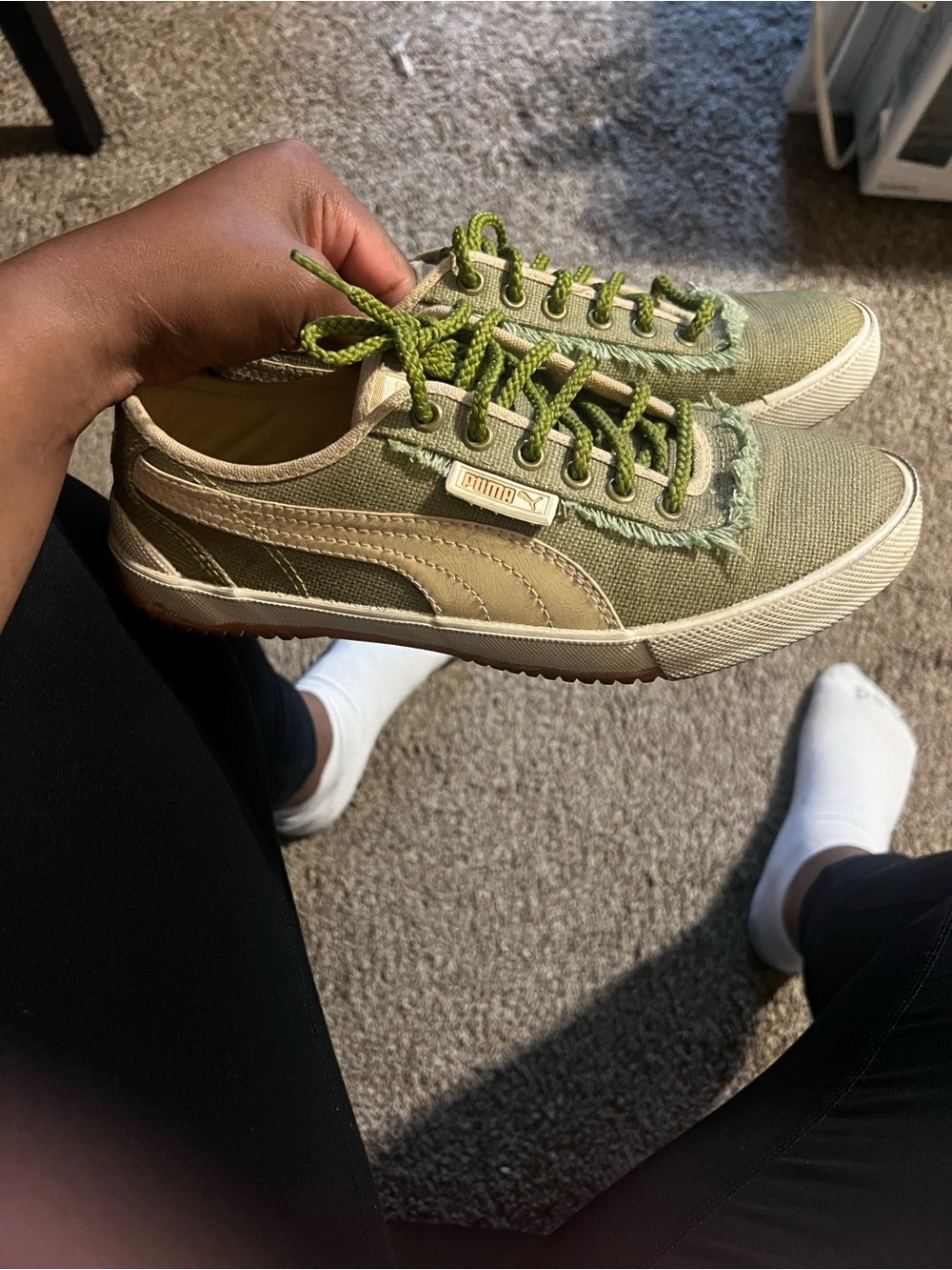 Puma Olive Green and Cream Low-Top Sneakers